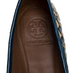 Pre Owned Tory Burch Blue/Beige Patent Leather And Woven Fabric Ballet Flats Size 37.5