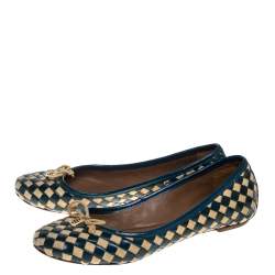 Pre Owned Tory Burch Blue/Beige Patent Leather And Woven Fabric Ballet Flats Size 37.5