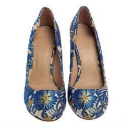 Pre Owned حذاء كعب عالي توري برش نيو كلاسيك كعب فاخر قماش جاكارد متعدد الألوان مقاس 38.5