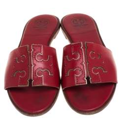Pre Owned Tory Burch Red Leather Ines Slide Sandals Size 36.5