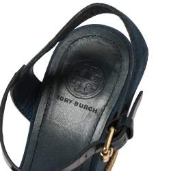  Tory Burch Blue Fabric And Leather Espadrille Wedge Ankle Strap Sandals Size 37