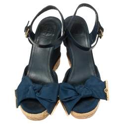  Tory Burch Blue Fabric And Leather Espadrille Wedge Ankle Strap Sandals Size 37