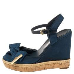  Tory Burch Blue Fabric And Leather Espadrille Wedge Ankle Strap Sandals Size 37