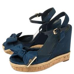  Tory Burch Blue Fabric And Leather Espadrille Wedge Ankle Strap Sandals Size 37