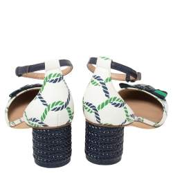 Pre Owned Tory Burch White/Blue Printed Leather Ankle Strap Sandals Size 38