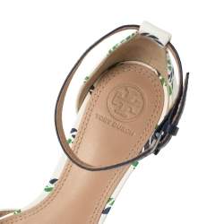 Pre Owned Tory Burch White/Blue Printed Leather Ankle Strap Sandals Size 38