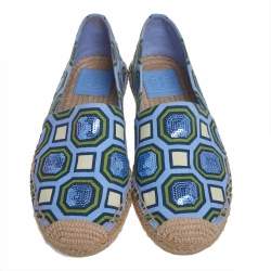 مملوكة مسبقًا Tory Burch Blue/Green Canvas Espadrille Flats Size 37