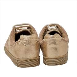 Pre Owned Tory Burch Beige/Gold Suede And Leather Perforated Logo Lace Up Sneakers Size 40