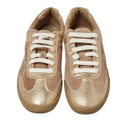 Pre Owned Tory Burch Beige/Gold Suede And Leather Perforated Logo Lace Up Sneakers Size 40