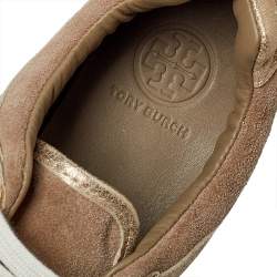 Pre Owned Tory Burch Beige/Gold Suede And Leather Perforated Logo Lace Up Sneakers Size 40
