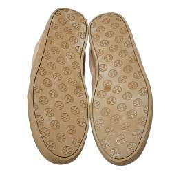 Pre Owned Tory Burch Beige/Gold Suede And Leather Perforated Logo Lace Up Sneakers Size 40