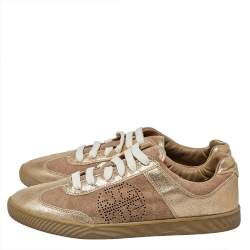 Pre Owned Tory Burch Beige/Gold Suede And Leather Perforated Logo Lace Up Sneakers Size 40