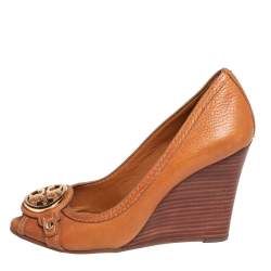 Pre Owned Tory Burch Tan Leather Leticia Peep Toe Wedge Pumps Size 35.5