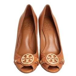 Pre Owned Tory Burch Tan Leather Leticia Peep Toe Wedge Pumps Size 35.5