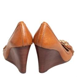 Pre Owned Tory Burch Tan Leather Leticia Peep Toe Wedge Pumps Size 35.5