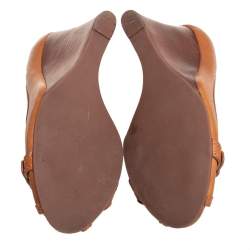 Pre Owned Tory Burch Tan Leather Leticia Peep Toe Wedge Pumps Size 35.5