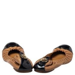 Pre Owned Tory Burch Black/Brown Leather And Patent Cap Toe Scrunch Ballet Flats Size 38
