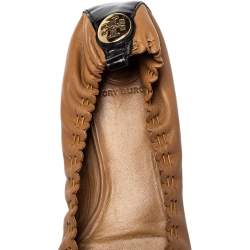 Pre Owned Tory Burch Black/Brown Leather And Patent Cap Toe Scrunch Ballet Flats Size 38