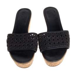 Tory Burch Black Laser Cut Leather Slide Wedge Sandals Size 40.5