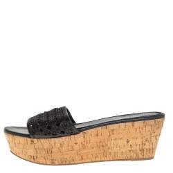 Tory Burch Black Laser Cut Leather Slide Wedge Sandals Size 40.5