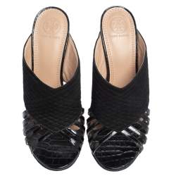 مملوكة مسبقًا صندل سلايد توري بورش جلد لامع وسويدي أسود بمقدمة مفتوحة مقاس 38