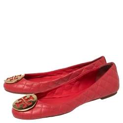 Pre Owned Tory Burch Red Quilted Leather Reva Ballet Flats Size 38.5