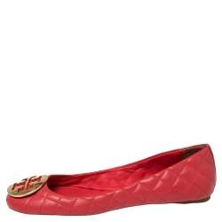 Pre Owned Tory Burch Red Quilted Leather Reva Ballet Flats Size 38.5