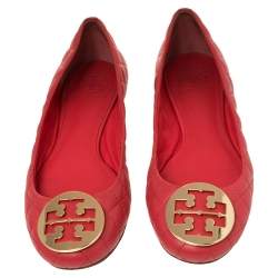 Pre Owned Tory Burch Red Quilted Leather Reva Ballet Flats Size 38.5