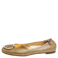 مملوكة مسبقًا Tory Burch Gold Python Embossed Leather Ballet Flats Size 36.5