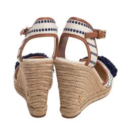 Tory Burch Multicolor Canvas And Leather Trim Wedge Espadrille Ankle Strap Sandals Size 40