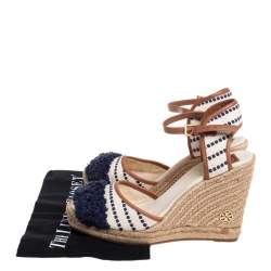 Tory Burch Multicolor Canvas And Leather Trim Wedge Espadrille Ankle Strap Sandals Size 40