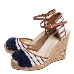 Tory Burch Multicolor Canvas And Leather Trim Wedge Espadrille Ankle Strap Sandals Size 40