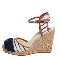 Tory Burch Multicolor Canvas And Leather Trim Wedge Espadrille Ankle Strap Sandals Size 40