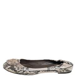 Pre Owned Tory Burch Beige/Brown Python Embossed Leather Reva Scrunch Ballet Flats Size 38