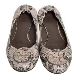 Pre Owned Tory Burch Beige/Brown Python Embossed Leather Reva Scrunch Ballet Flats Size 38