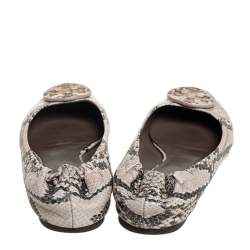 Pre Owned Tory Burch Beige/Brown Python Embossed Leather Reva Scrunch Ballet Flats Size 38