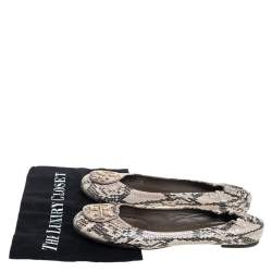 Pre Owned Tory Burch Beige/Brown Python Embossed Leather Reva Scrunch Ballet Flats Size 38