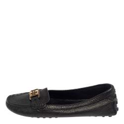 Pre Owned Tory Burch Black Leather Logo Embellished Slip On Loafers Size 39