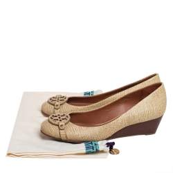Pre Owned Tory Burch Beige Lizard Embossed Leather Julianne Wedge Pumps Size 38
