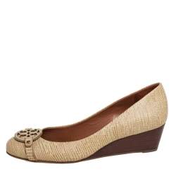 Pre Owned Tory Burch Beige Lizard Embossed Leather Julianne Wedge Pumps Size 38