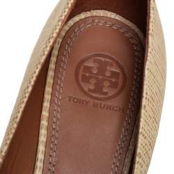 Pre Owned Tory Burch Beige Lizard Embossed Leather Julianne Wedge Pumps Size 38