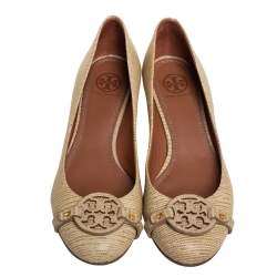 Pre Owned Tory Burch Beige Lizard Embossed Leather Julianne Wedge Pumps Size 38