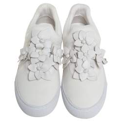 Pre Owned Tory Burch White Leather Blossom Floral Applique Slip On Sneakers Size 38