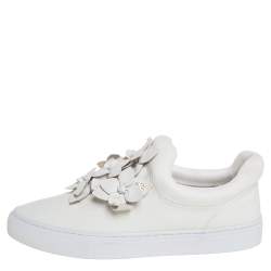 Pre Owned Tory Burch White Leather Blossom Floral Applique Slip On Sneakers Size 38
