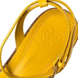 Pre Owned Tory Burch Yellow Patent Leather Dahlia Wedge Sandals Size 38.5