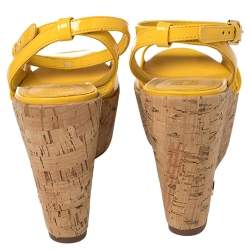 Pre Owned Tory Burch Yellow Patent Leather Dahlia Wedge Sandals Size 38.5