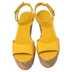 Pre Owned Tory Burch Yellow Patent Leather Dahlia Wedge Sandals Size 38.5