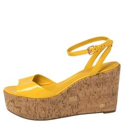 Pre Owned Tory Burch Yellow Patent Leather Dahlia Wedge Sandals Size 38.5