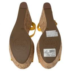 Pre Owned Tory Burch Yellow Patent Leather Dahlia Wedge Sandals Size 38.5