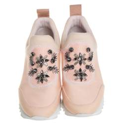 Pre Owned Tory Burch Beige Neoprene And Mesh Storm Cloud Crystal Embellished  Slip On Sneakers Size 40.5